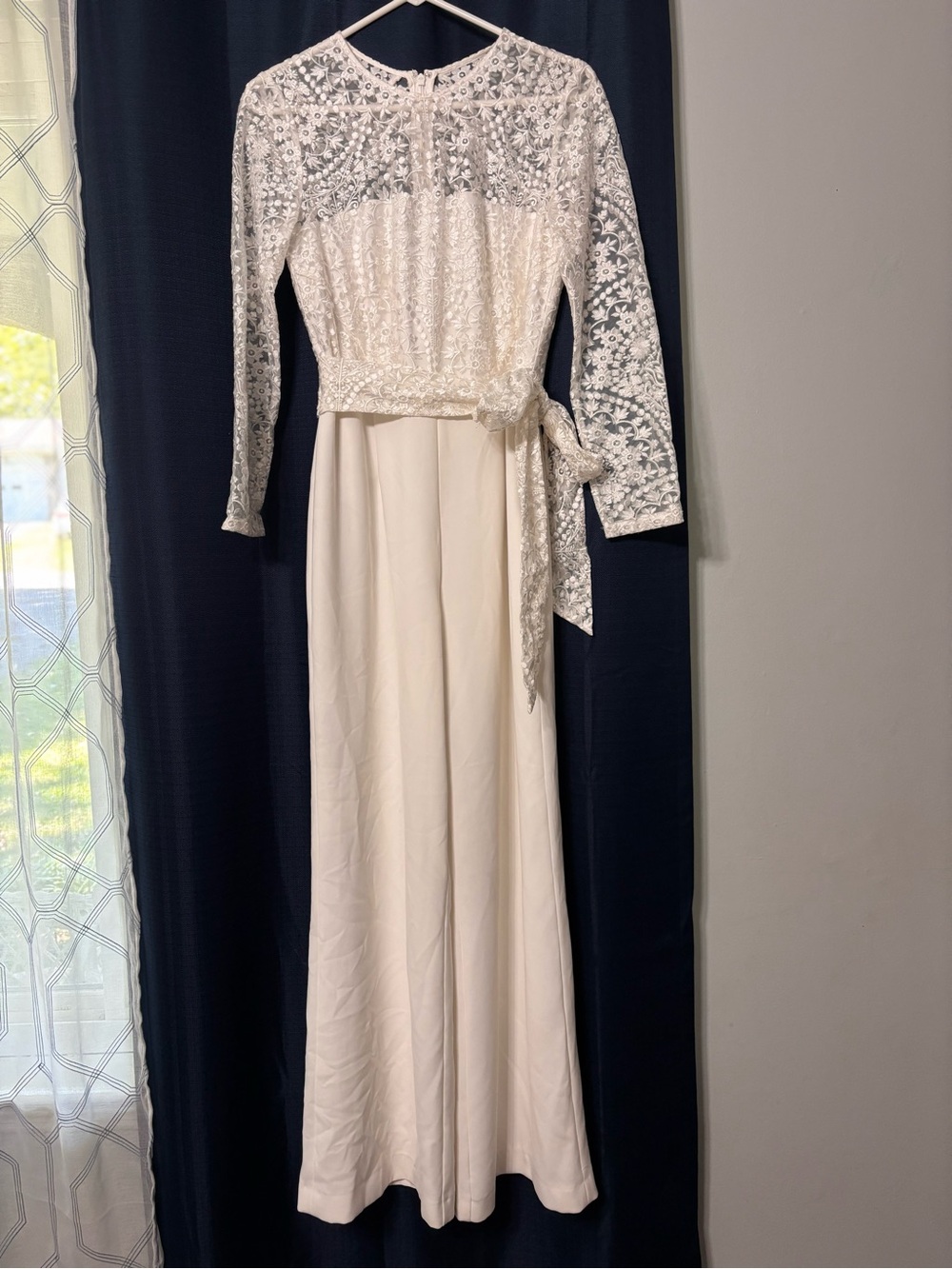 Tahari Ivory Lace Long-Sleeve Jumpsuit with Waist Tie